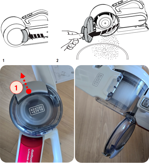 BLACK+DECKER 호루라기 무선 청소기 TPV1820RAC - 먼지통 비우기
