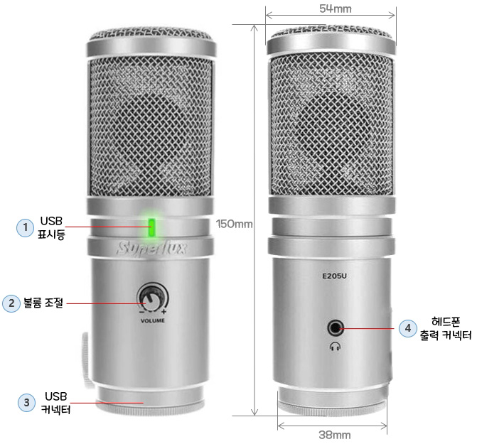 Superlux E205U USB 콘덴서 마이크 : 크기 및 각 부분의 명칭