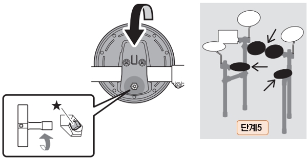 YAMAHA 전자 드럼 설치 : 5단계 - 패드를 돌려 제자리에 고정