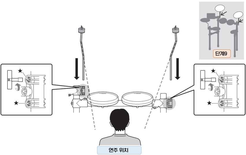 YAMAHA 전자 드럼 설치 : 9단계 - 심벌즈 홀더 부착