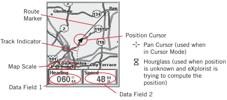 eXplorist 210 지도 화면 개요와 주요 표시 요소를 보여주는 이미지