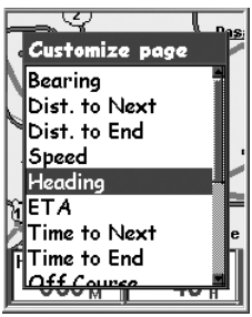 eXplorist 210 지도 화면에서 정보 필드를 사용자 지정하는 Customize page 화면