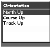 eXplorist 210 지도 방향을 North Up, Course Up, Track Up으로 설정하는 화면 이미지