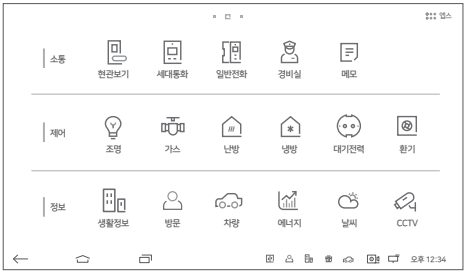HDHN-3500 Series 기능 앱 화면에서 소통, 제어, 정보 메뉴를 보여주는 이미지