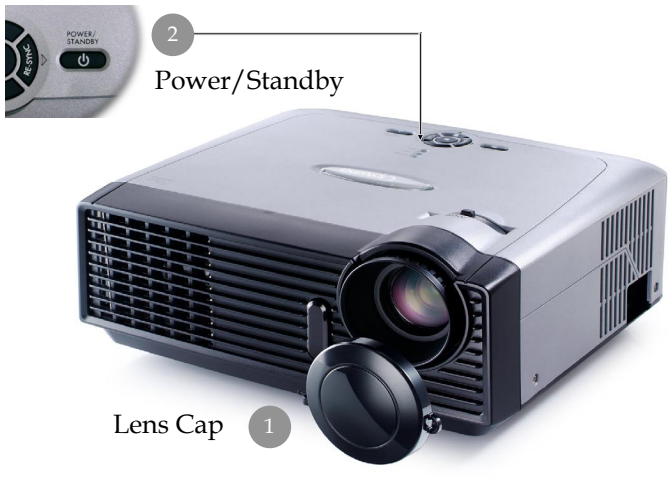 OPTOMA EP719 렌즈 캡 제거 및 전원 버튼 안내