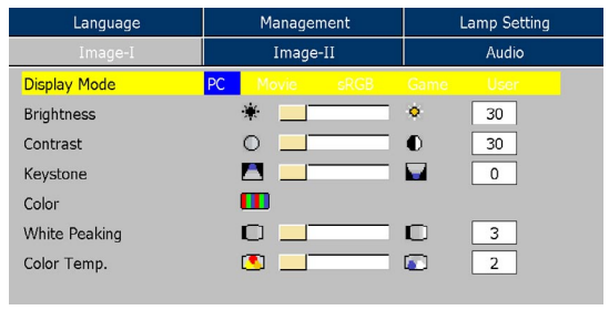 OPTOMA EP719 프로젝터 Image-I 설정 OSD 화면
