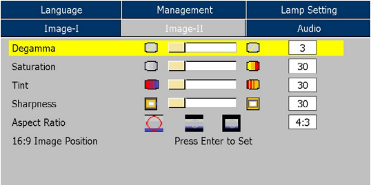 OPTOMA EP719 프로젝터 Image-II Video Mode 설정 화면