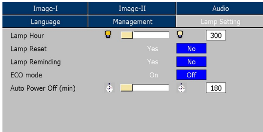OPTOMA EP719 프로젝터 램프 설정 OSD 화면