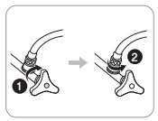 설치방법1 - 수도관의 원수공급 밸브 ①을 잠그고 기존의 물통호스②를 분리하는 모습의 사진