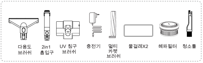 디베아 차이슨 THE NEW 구성품인 다용도 브러쉬, 2in1 흡입구, UV 침구 브러쉬, 충전기, 멀티 카펫 브러쉬, 물걸레, 헤파필터, 청소툴