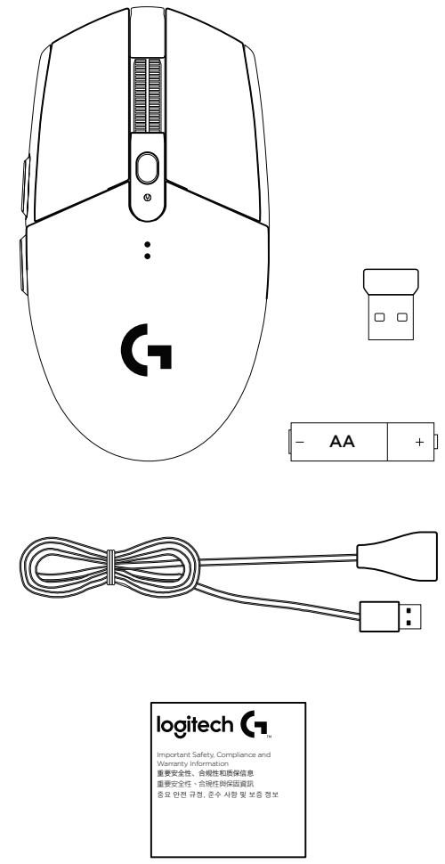 로지텍 G304 무선 게이밍 마우스 구성품 사진: 마우스 본체, LIGHTSPEED USB 수신기, USB 연장 케이블, AA 배터리, 설명서