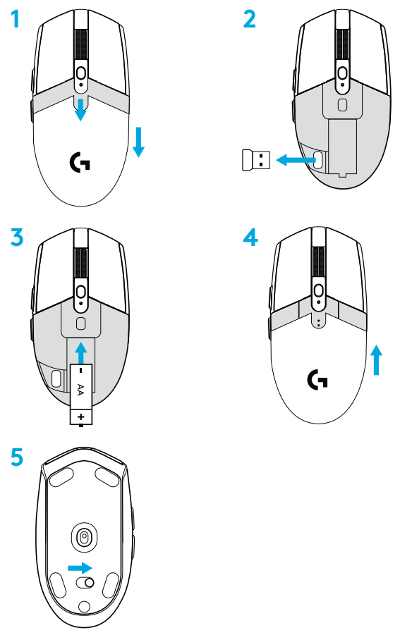 로지텍 G304 설치 단계 이미지: 배터리 커버 열기, USB 수신기 꺼내기, AA 배터리 넣기, 커버 닫기, 전원 스위치 켜기