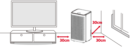 제습기를 벽과 TV 등 다른 가전제품에서 30cm 이상 거리를 두고 설치한 모습.