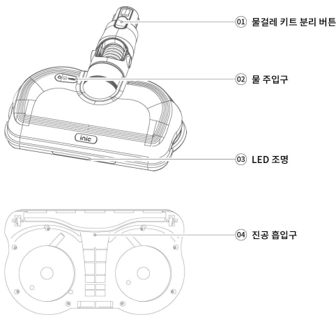 아이닉 무선청소기 iv10용 별도 구매 물걸레 키트의 분리 버튼, 물 주입구, LED 조명, 진공 흡입구를 표시한 다이어그램