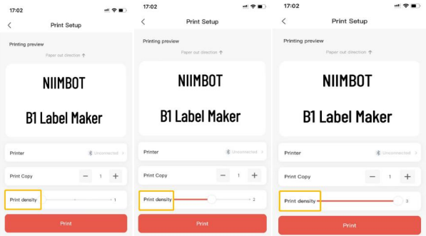 NIIMBOT 앱 인쇄 설정에서 Print density를 1, 2, 3 단계로 조절하는 화면