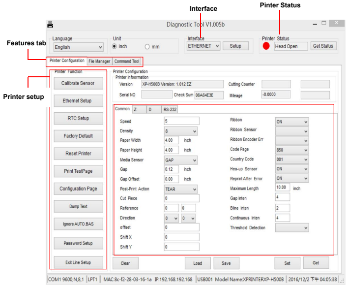 XP-DT108B Diagnostic Tool 메인 화면에서 프린터 상태와 설정 메뉴가 표시된 모습