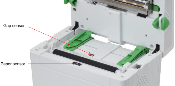 XP-DT108B 프린터 내부에서 Paper Sensor와 Gap Sensor 위치가 표시된 이미지