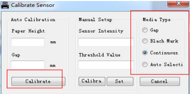 Diagnostic Tool의 Calibrate Sensor 대화상자에서 Paper Height, Gap, Media Type과 Calibrate 버튼이 표시된 화면