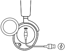 오른쪽 이어컵에서 배터리를 분리하는 모습과 왼쪽 이어컵의 USB-C 모바일 충전 잭 연결 방법