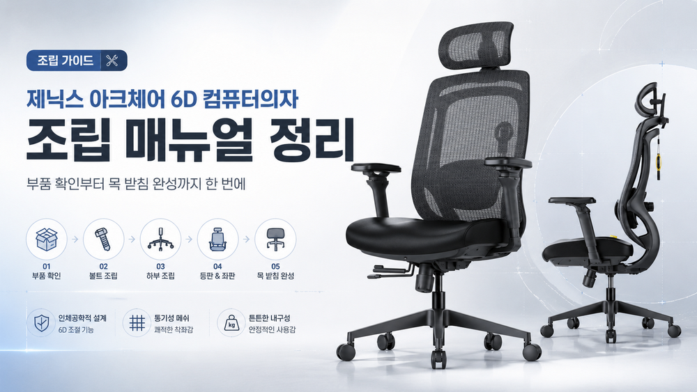 제닉스 아크체어 6D 컴퓨터의자 조립 매뉴얼 정리: 부품 확인부터 목 받침 완성까지 한 번에