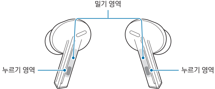 갤럭시 버즈3 프로 이어버드의 누르기 영역과 밀기 영역이 표시된 다이어그램
