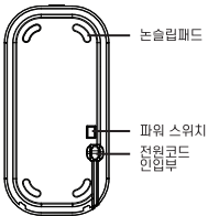 논슬립 패드, 파워 스위치, 전원코드 인입부가 표시된 HFT-D8000 하단 도식