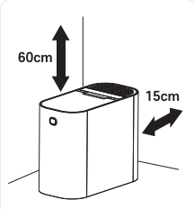 벽면에서 15cm 이상, 제품 상단에서 60cm 이상 공간을 두는 음식물처리기 설치 안내