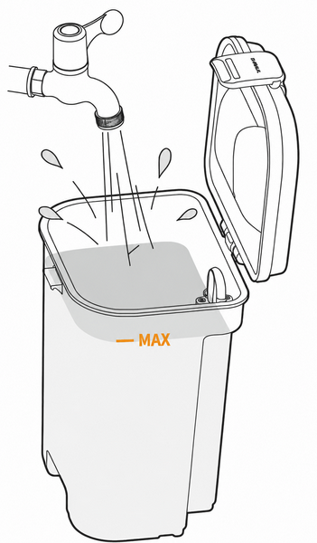 스테이션의 깨끗한 물탱크에 MAX 선 이하로 물을 채우는 장면