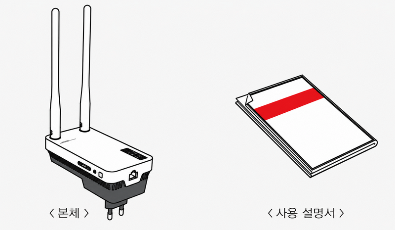 ipTIME Extender AX3000 본체와 설명서, 제품 상자가 함께 놓인 구성품 이미지