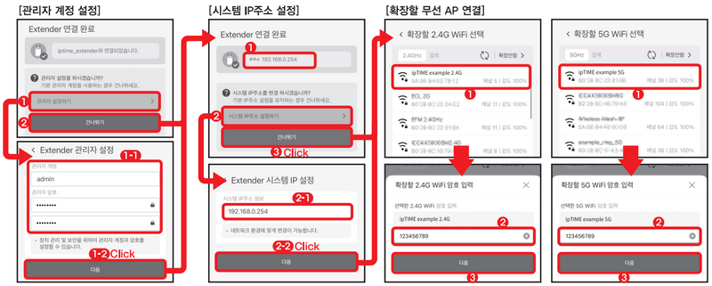 관리자 계정 설정, IP 주소 설정, 확장할 무선 AP 선택이 순서대로 보이는 앱 화면
