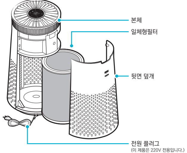 위닉스 타워프라임 공기청정기 뒷면 덮개와 일체형 필터 위치를 보여주는 이미지