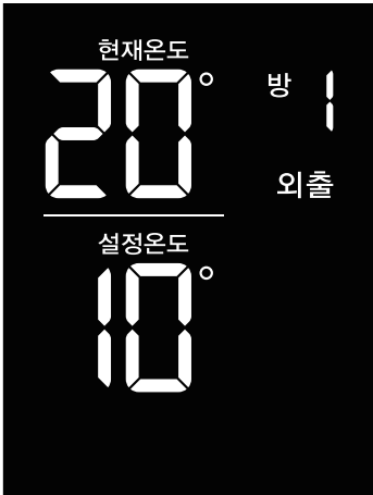 현재온도 20도, 설정온도 10도, 방 1과 외출 표시가 나타난 화면