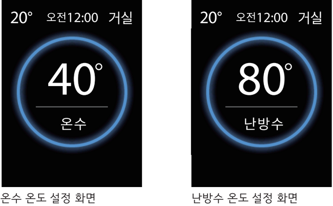 거실형 온도조절기에서 온수 온도와 난방수 온도를 설정하는 화면