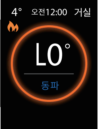 현재온도 4도와 동파, Lo, 불꽃 표시가 나타난 거실형 화면