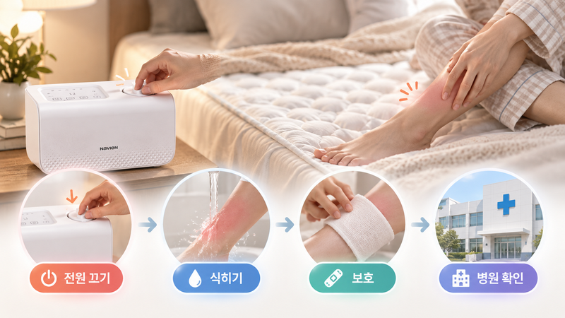 잠자리에 앉아 다리를 문지르는 사람과 옆에 놓인 나비엔 온수매트 보일러