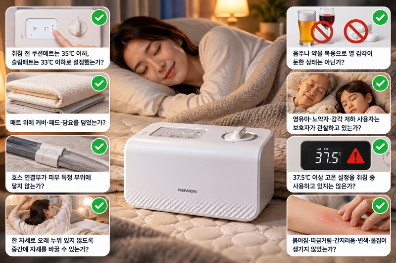 나비엔 온수매트 보일러와 잠자는 여성, 안전 사용 체크 리스트 아이콘들