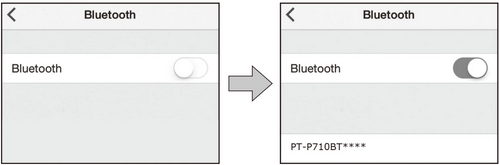 스마트폰 Bluetooth 설정 화면에서 Bluetooth를 켜고 검색된 PT-P710BT**** 라벨 프린터를 선택하는 과정