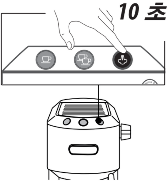 드롱기 데디카 상단의 스팀 버튼(B5)을 손가락으로 10초 이상 누르는 조작 안내
