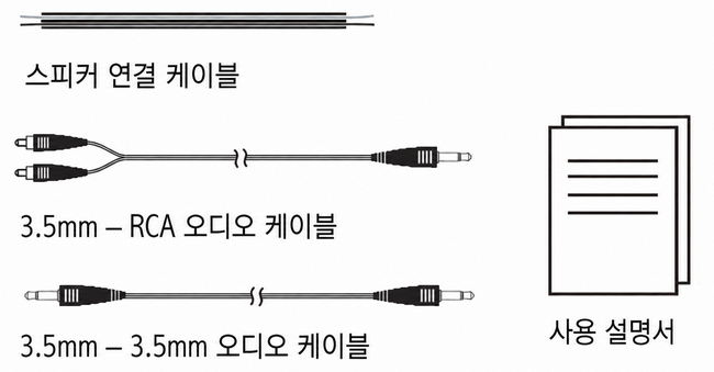 스피커 연결 케이블과 3.5mm-RCA 및 3.5mm-3.5mm 오디오 케이블, 사용자 설명서