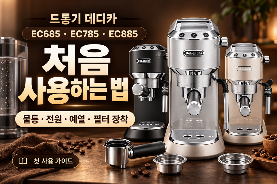 드롱기 데디카 EC685·EC785·EC885 처음 사용하는 법|물통·전원·예열·필터 장착