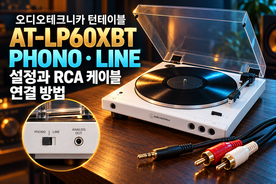 오디오테크니카 턴테이블 AT-LP60XBT PHONO·LINE 설정과 RCA 케이블 연결 방법