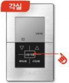 각실 조절기에서 난방/외출 버튼을 눌러 난방 정지 상태를 해제하는 모습