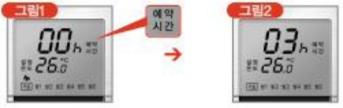 거실 조절기 예약시간 표시가 00시간에서 03시간으로 바뀌는 설정 화면 비교
