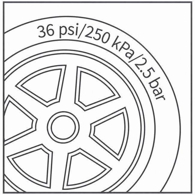 타이어 측면에 36 psi, 250 kPa, 2.5 bar가 표시된 권장 공기압 도해